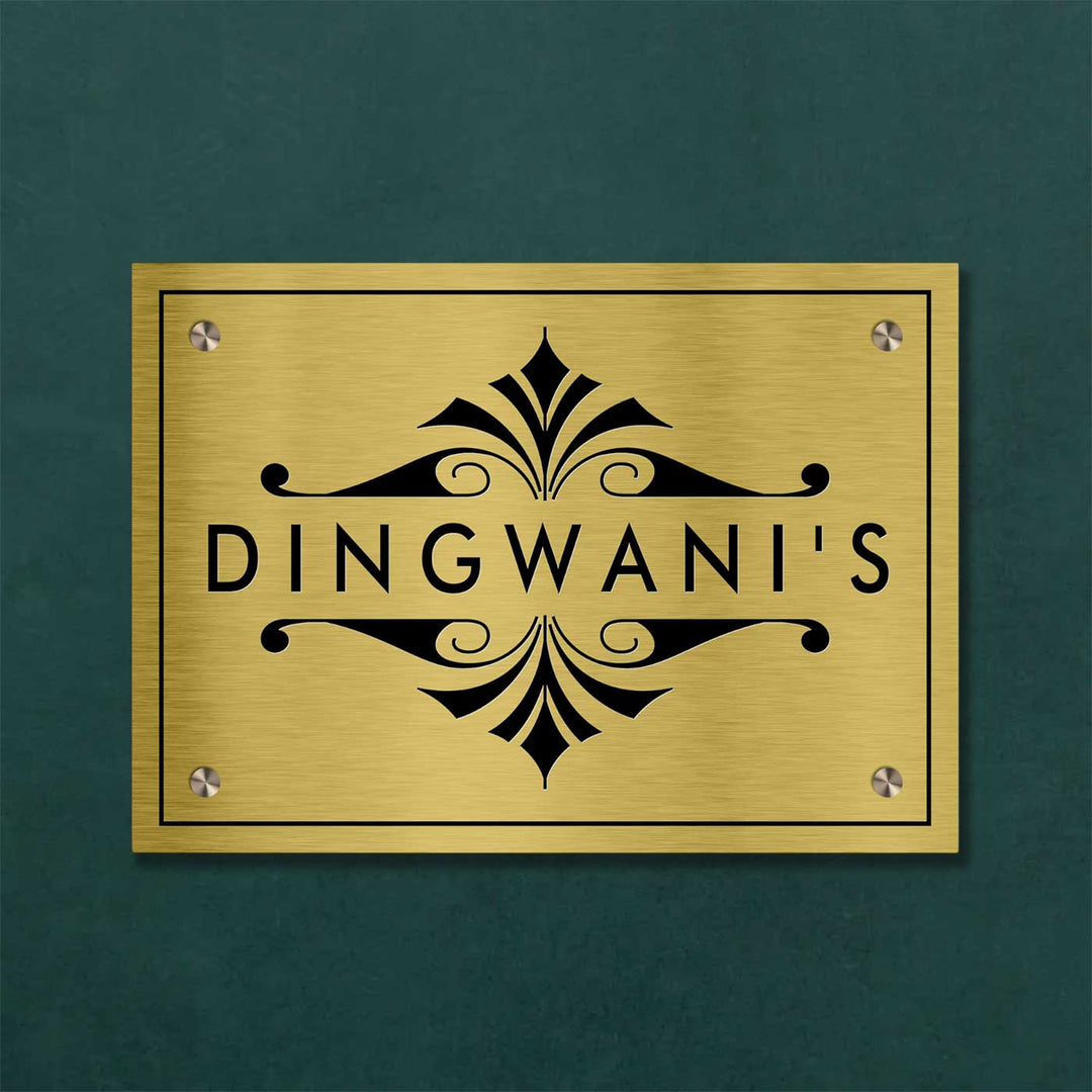 Personalized Engraved Minimalist Gold Stainless Steel Name Plate - Front View Mounted on Wall