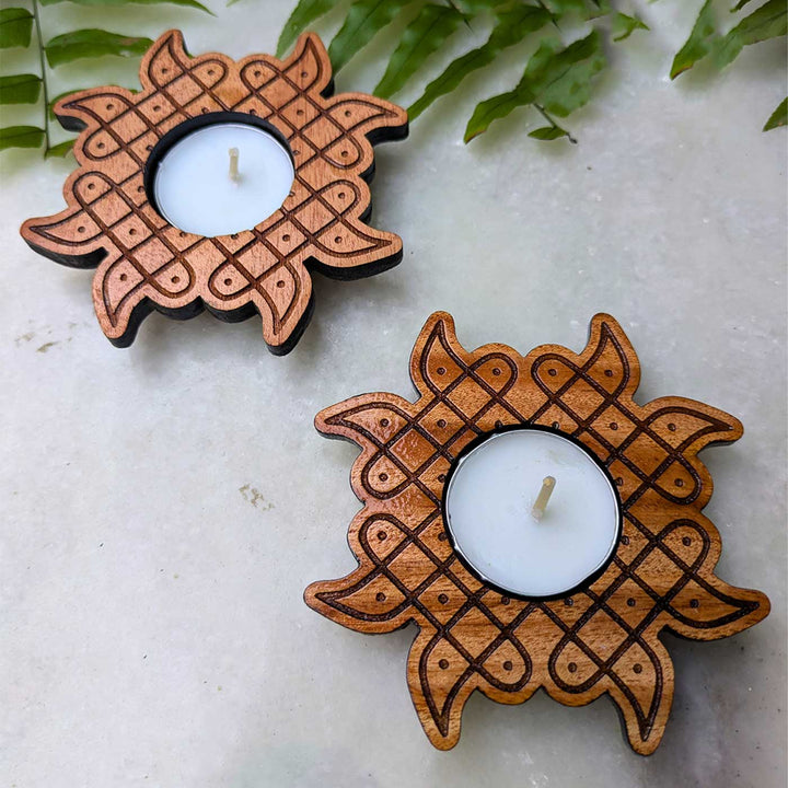 4 pc | Sunburst Hand-Engraved Mahogany Wood Kolam Tealight Holders