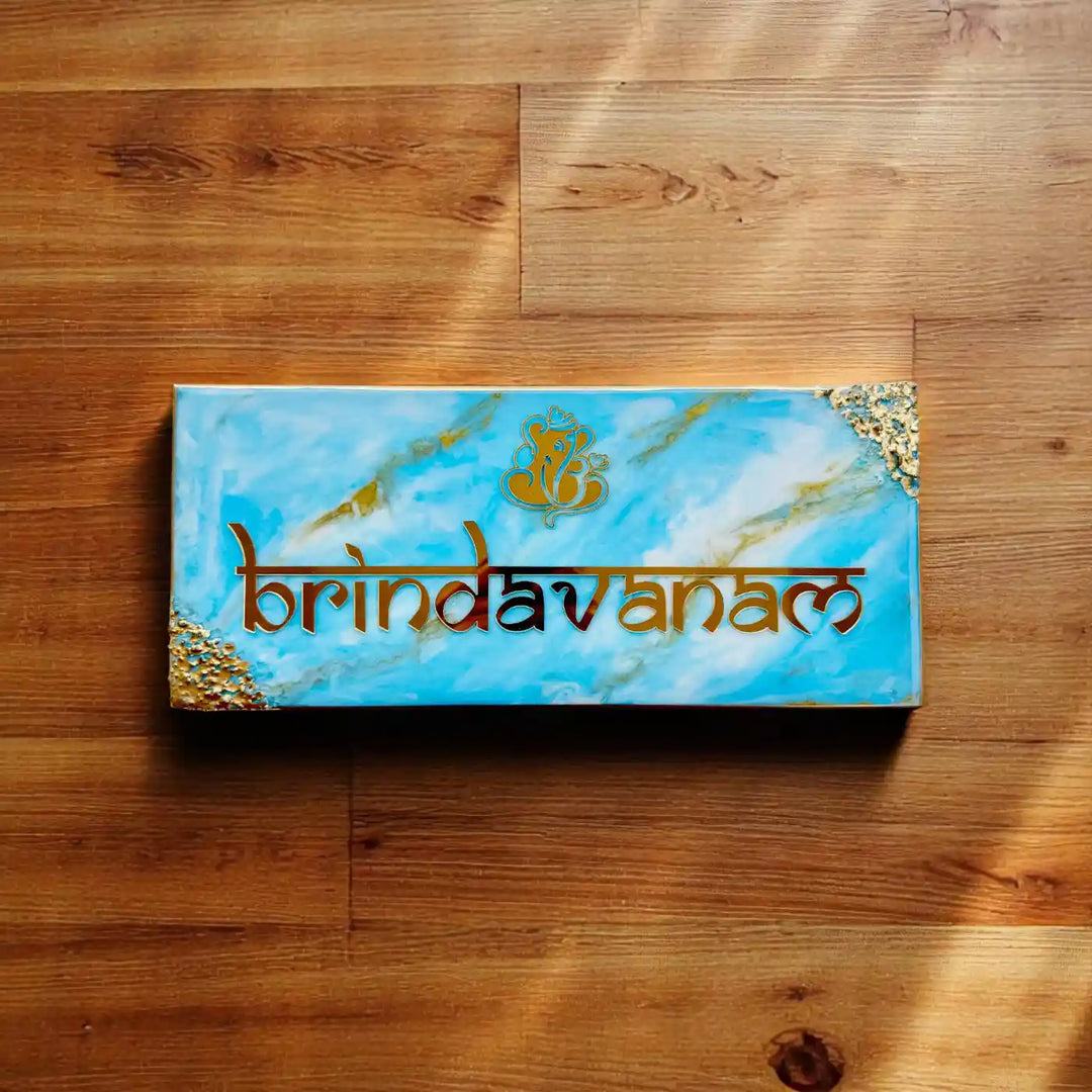 Blue Personalized Marble Effect Rectangle Resin Name Plate | With 3D Acrylic Letters & Gold Stone Embellishment