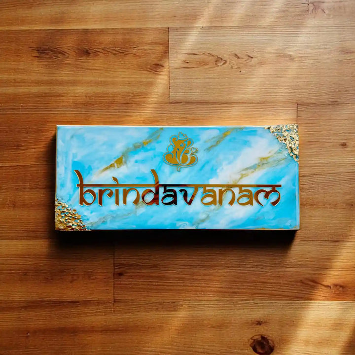 Blue Personalized Marble Effect Rectangle Resin Name Plate | With 3D Acrylic Letters & Gold Stone Embellishment
