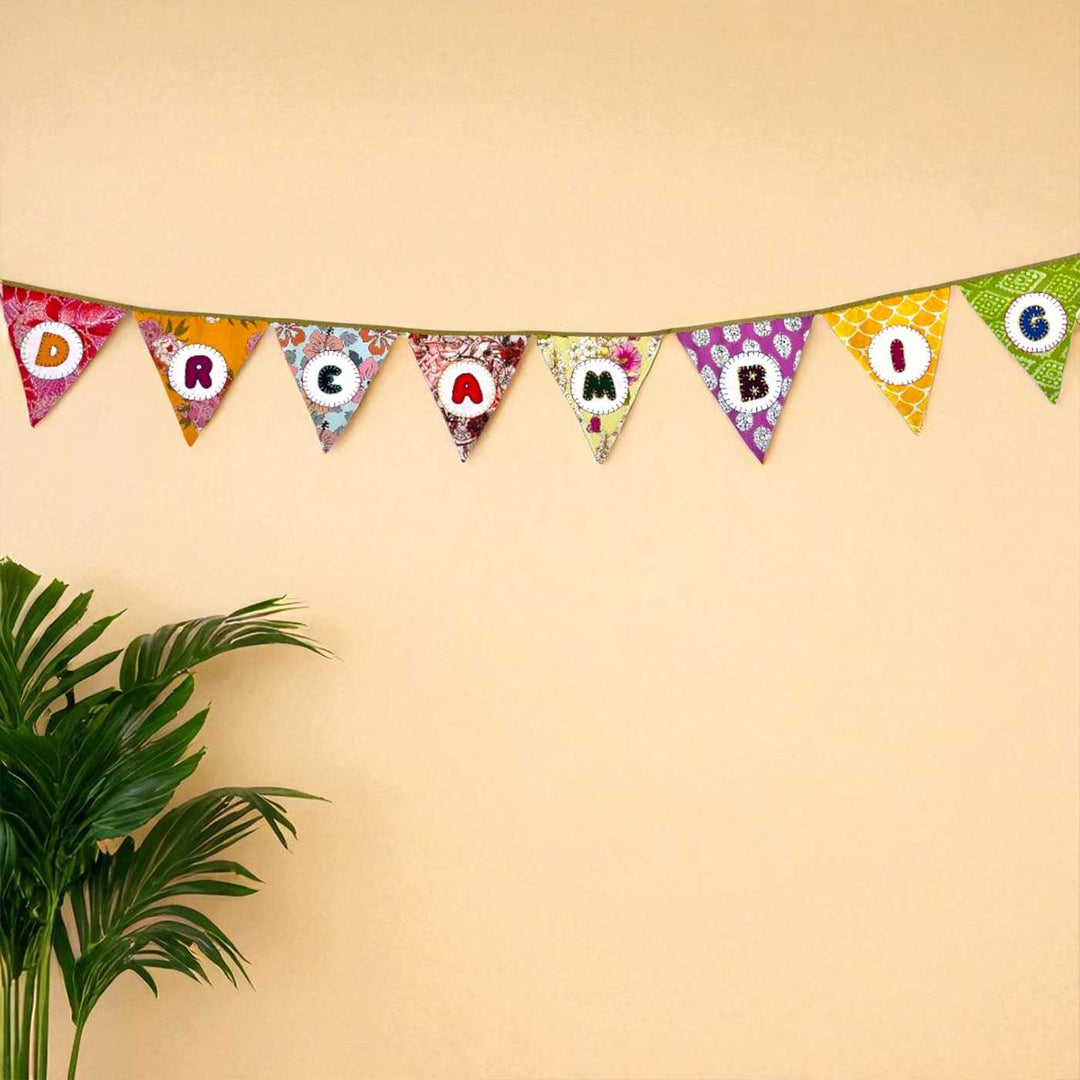 Handmade Multicolored "Dream Big" Upcycled Fabric Bunting