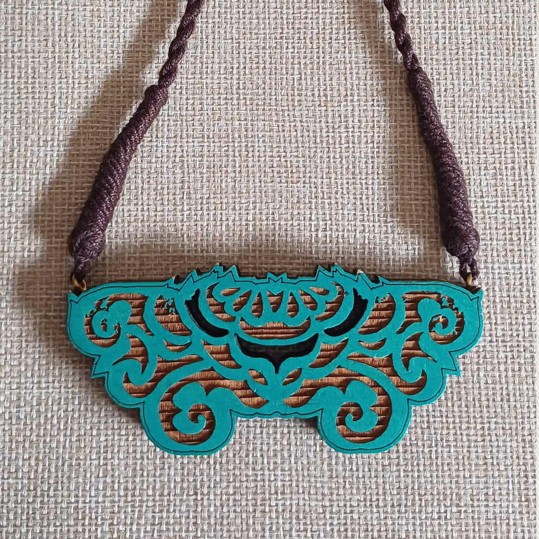 Handmade Green Ornate Design Wooden Necklace
