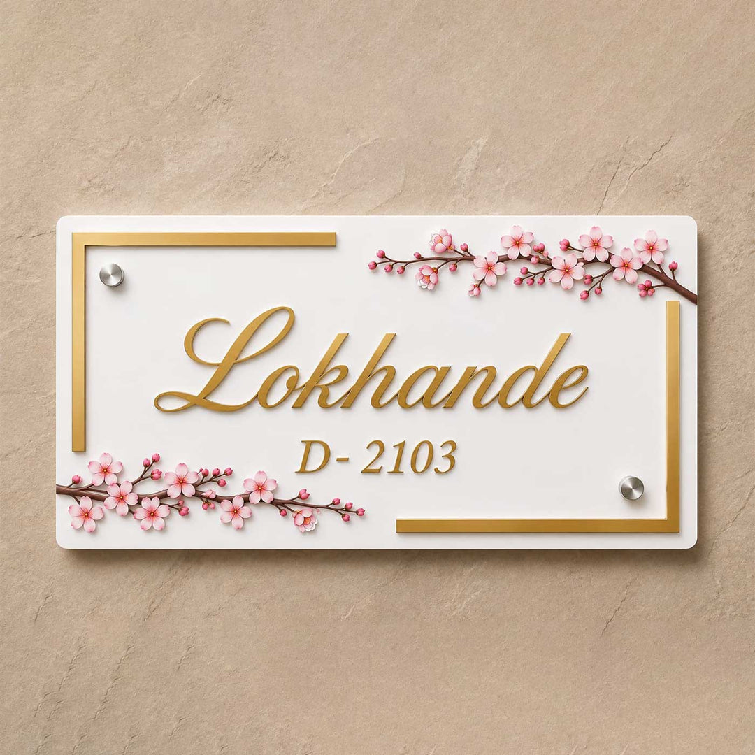 Cherry Blossom Elegance Personalized White Rectangle Acrylic Name Plate For Home