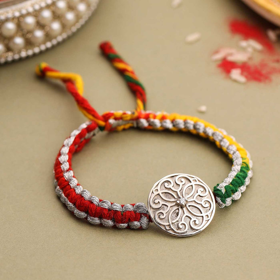 Handmade Swirl Design Silver Rakhi For Brother - Front View