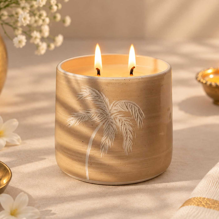 Handmade Avenor Palm Tree Engraved Ceramic Jar Soy Wax Candle With Cashmere Shore Fragrance