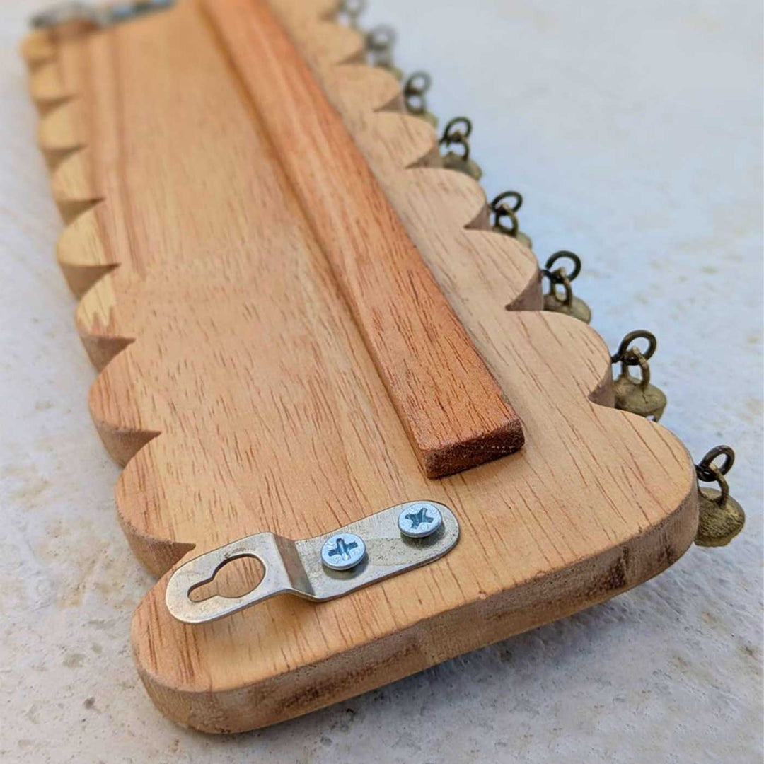 Hand-Painted Diamond Chain Kolam Rubber Wood Wall Key Holder with 5 Hooks and Bells