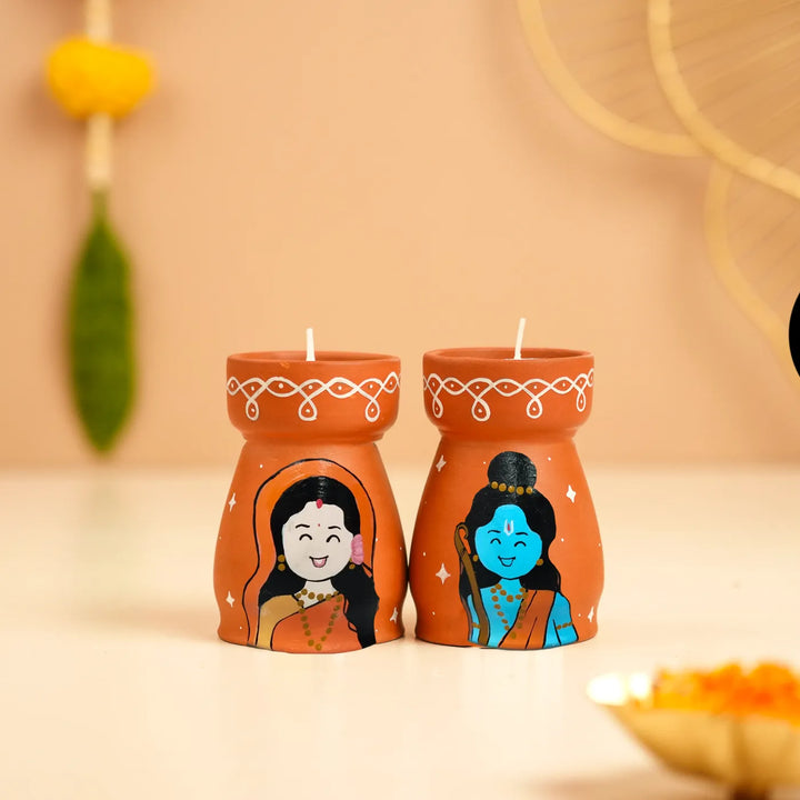 Hand-Painted Ram Sita Terracotta Tealight Holder | Set Of 2
