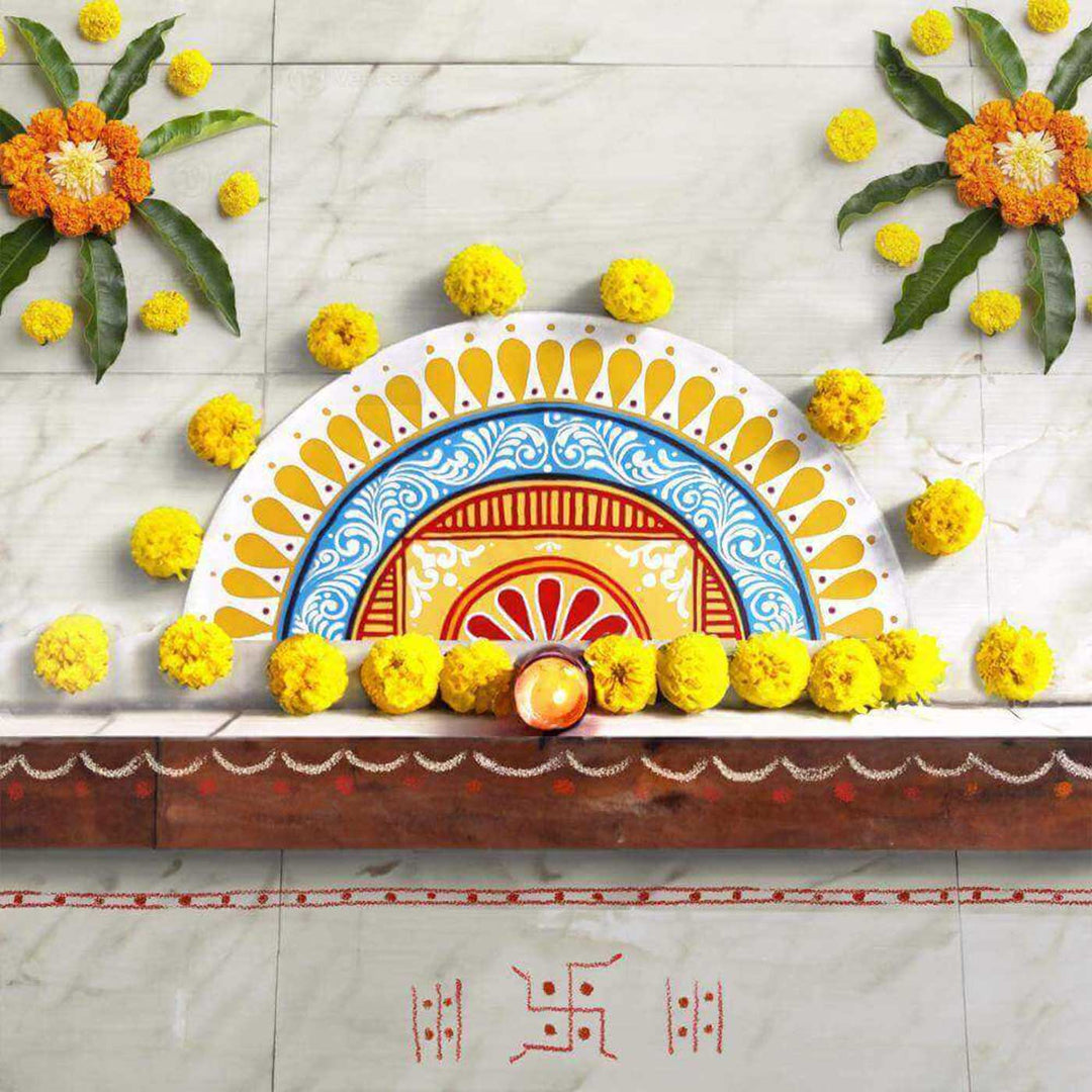 1.8 Ft Foldable Fabric Reusable Rangoli Mat | Handmade Saanjh Semicircle Kolam | Canvas, Anti-skid, Water-resistant