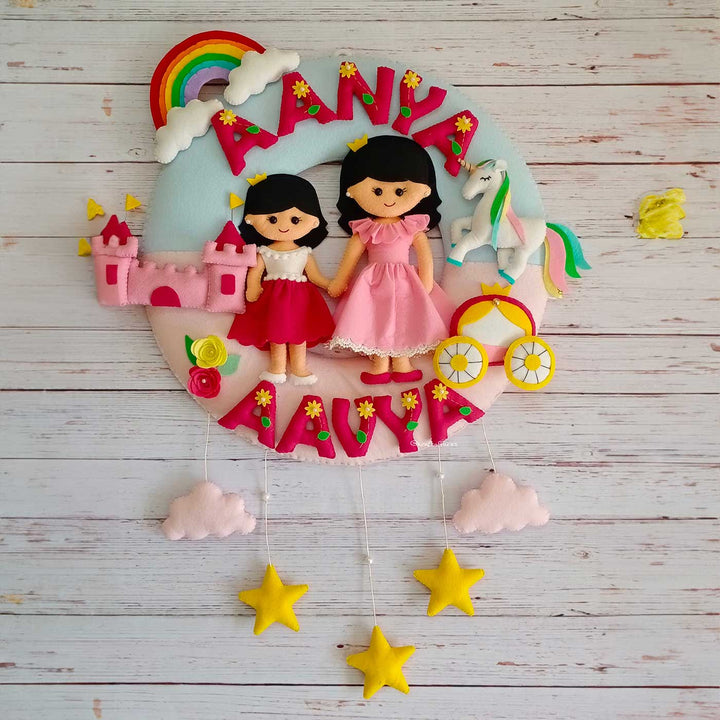Personalized Princess Theme Felt Kids Name Plate For Siblings - Front View with Hanging Stars
