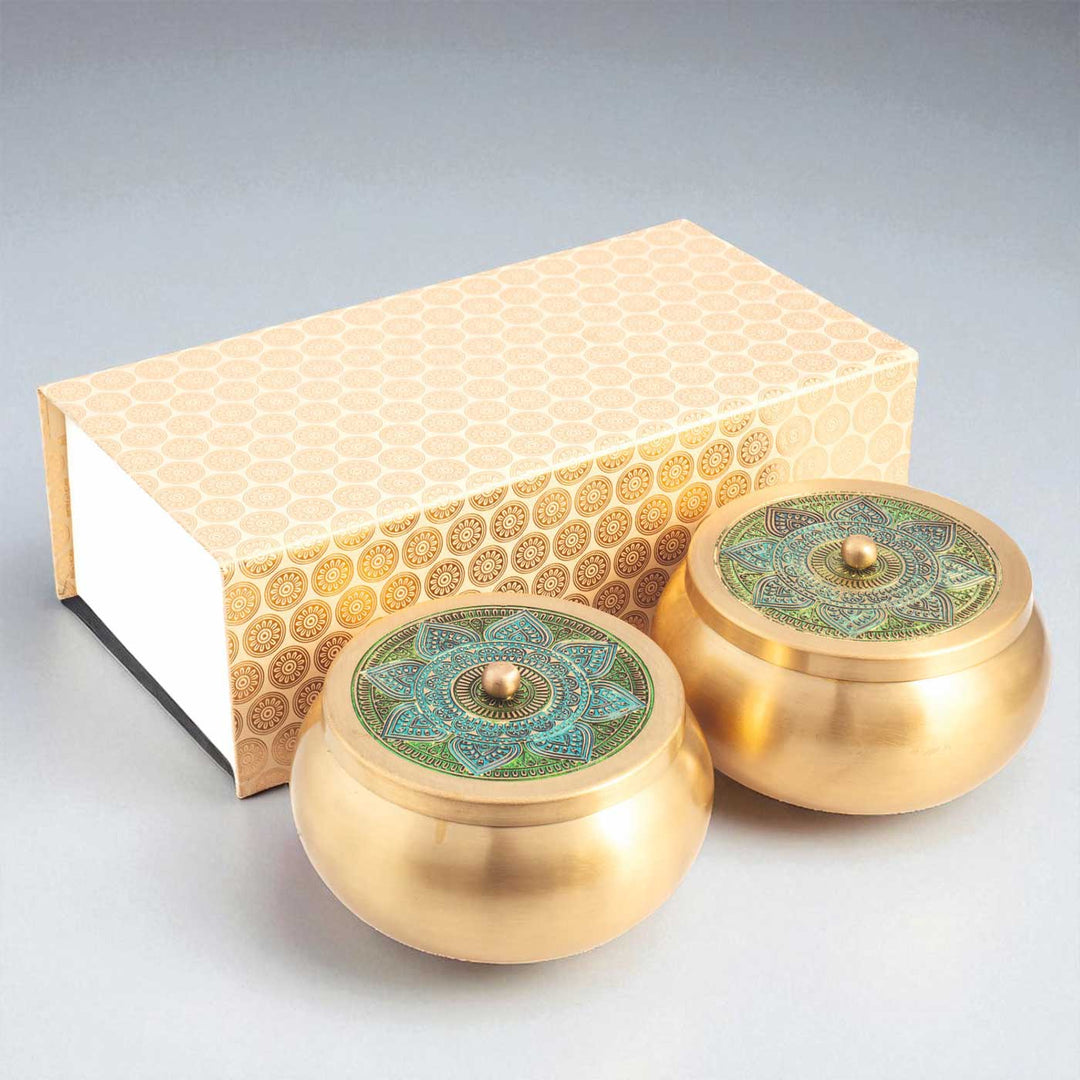 Hand-Painted Vrinda Kuliya Brass Gift Hamper | Includes 2 Containers And 1 Gift Box