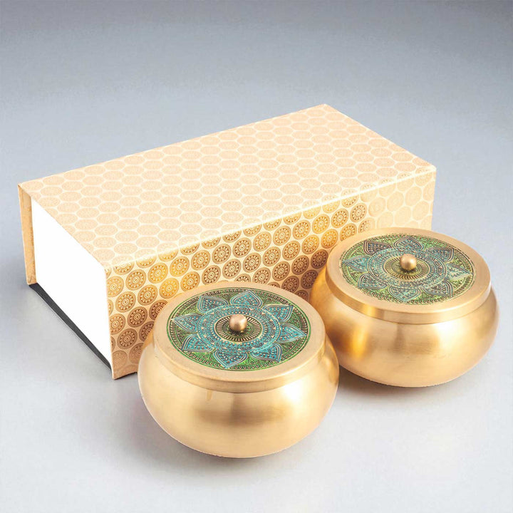 Hand-Painted Vrinda Kuliya Brass Gift Hamper | Includes 2 Containers And 1 Gift Box