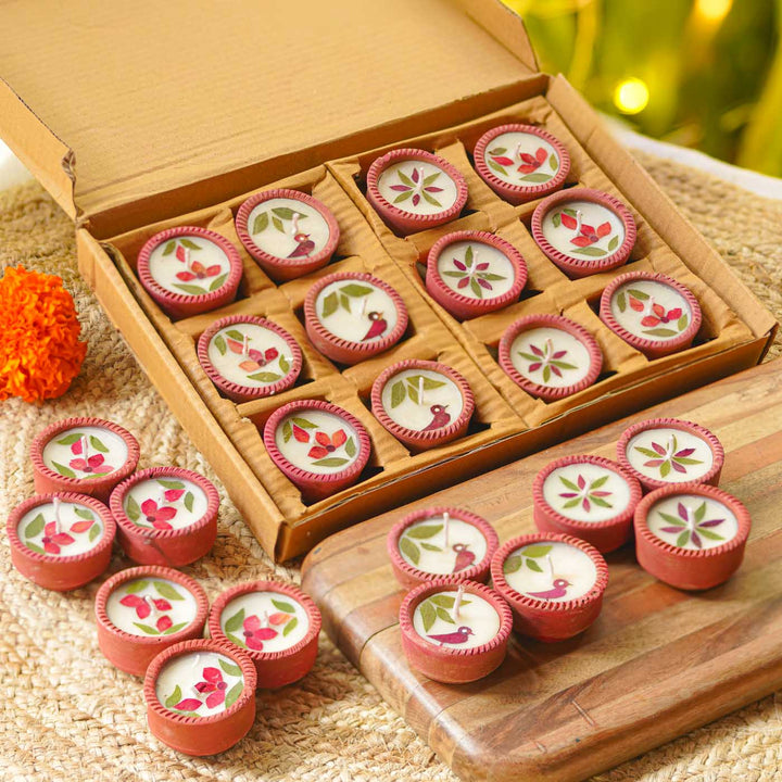 Set Of 24 | Handmade Soy Wax & Dry Flower Festive Diyas