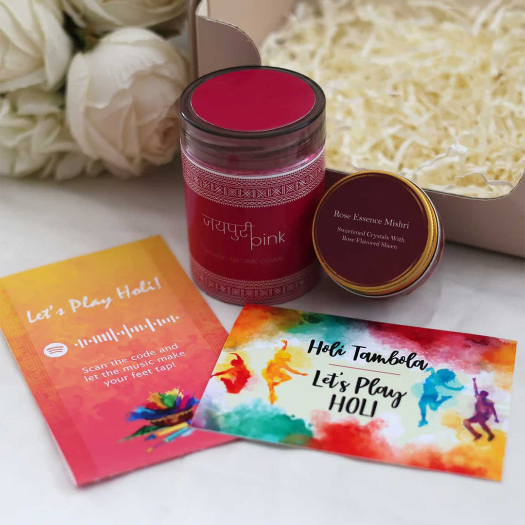 Rang, Raag aur Rivaaj Gift Box | Includes 1 Organic Pink Gulaal, 1 Rose Essence Mishri, 1 Spotify Scan Card, 1 Holi Tamboola Card, 1 All Things Nice Gift Box