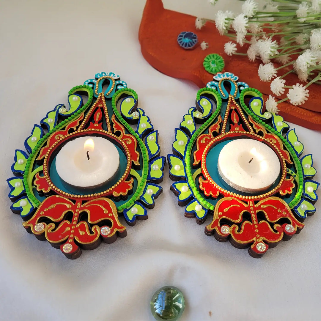 Hand-Painted Red & Green Pushpraag MDF Wood Tealight Holder | Set Of 2