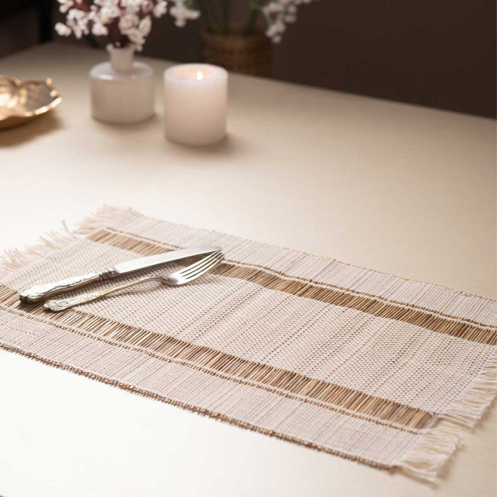 Hand Woven Double Striped Madhurkati White Table Mat | 15 x 11 inch