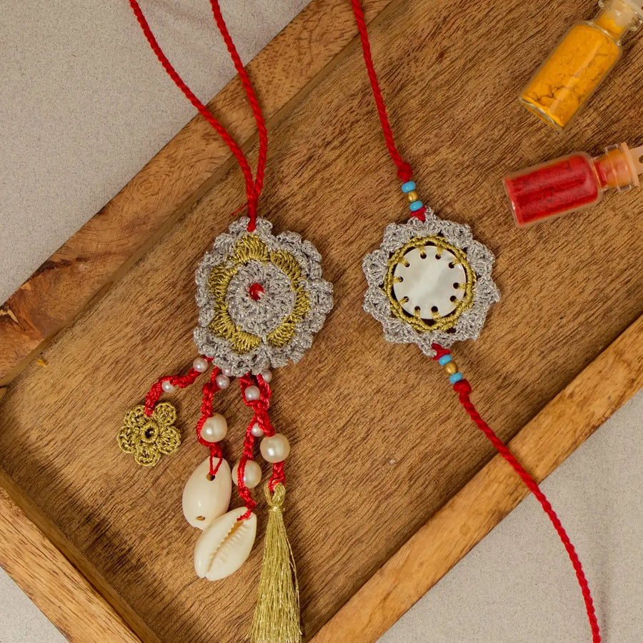 Handmade Crochet Sagar Seepi Bhaiya Bhabhi Rakhi With Roli Chawal Set Of 2 - Close-up on Rakhi details