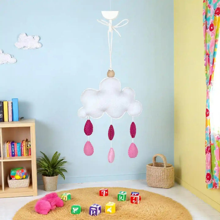 Handmade Pink Rain Cloud Felt Hanging For Kids