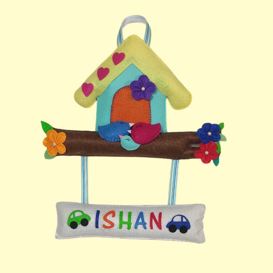Personalized Handmade Tree House Felt Name Plate - Front View Hanging Display