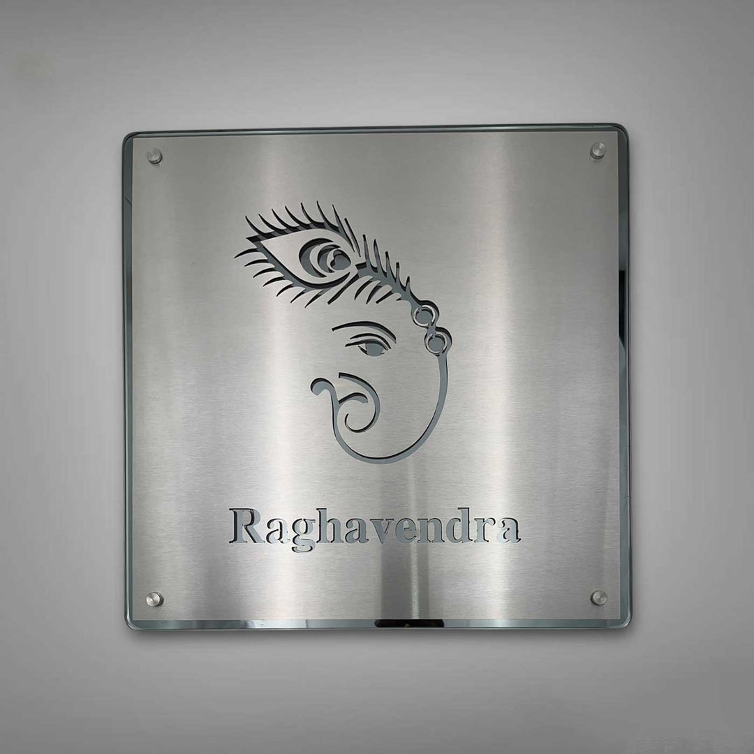 Personalized Engraved Minimalist Ganesha Theme Stainless Steel Name Plate