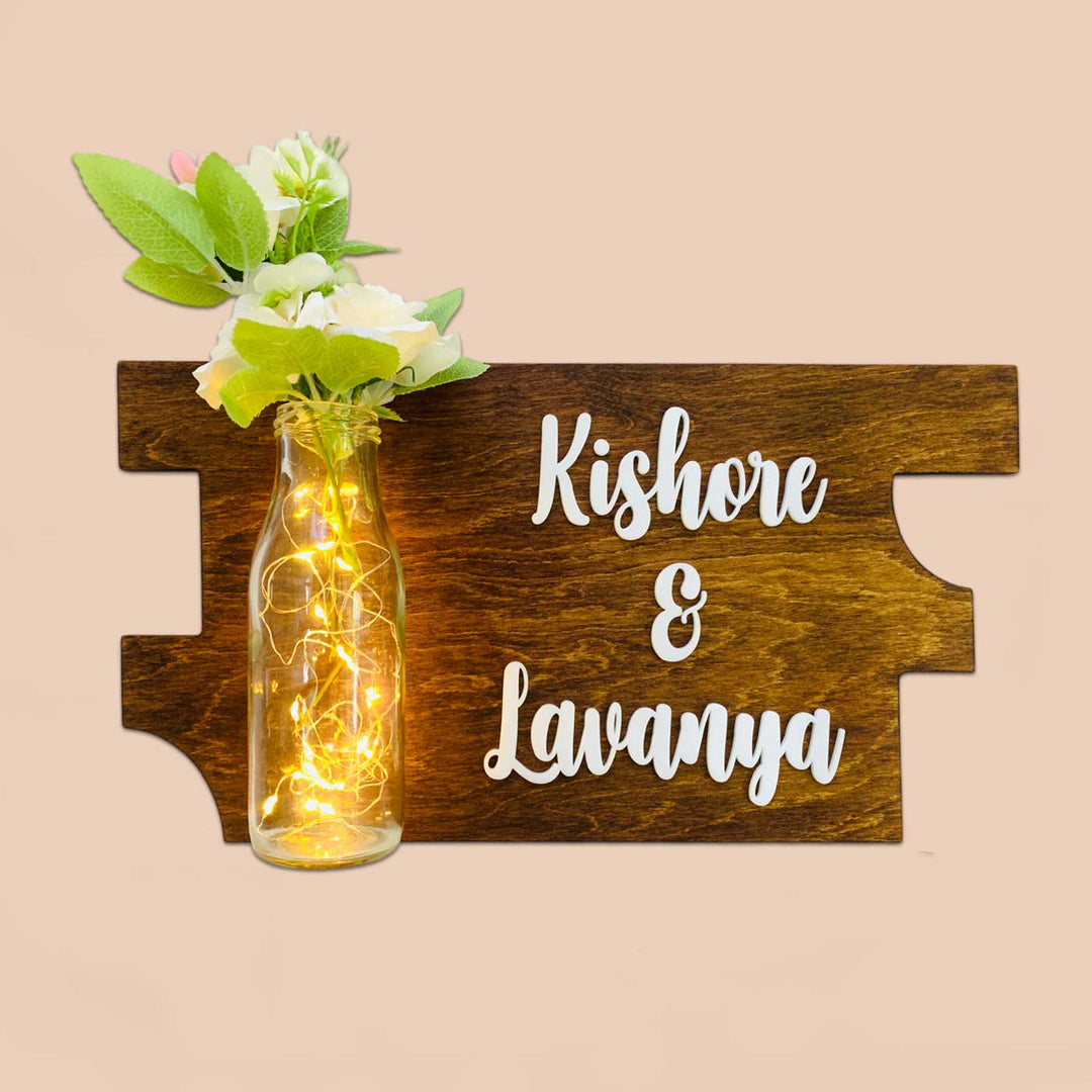 Personalized Quirky Birch Wood Name Plate With Led Lights - Front View with Lighted Vase