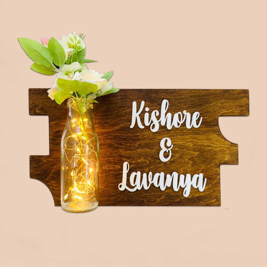 Personalized Quirky Birch Wood Name Plate With Led Lights - Front View with Lighted Vase