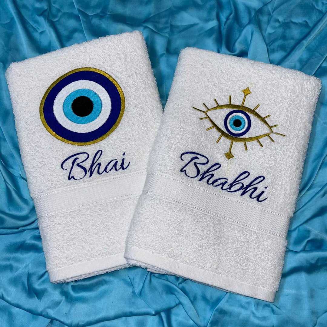 Personalized Embroidered Evil Eye Theme Cotton Bath Towel For Bhaiya And Bhabhi | Set Of 2