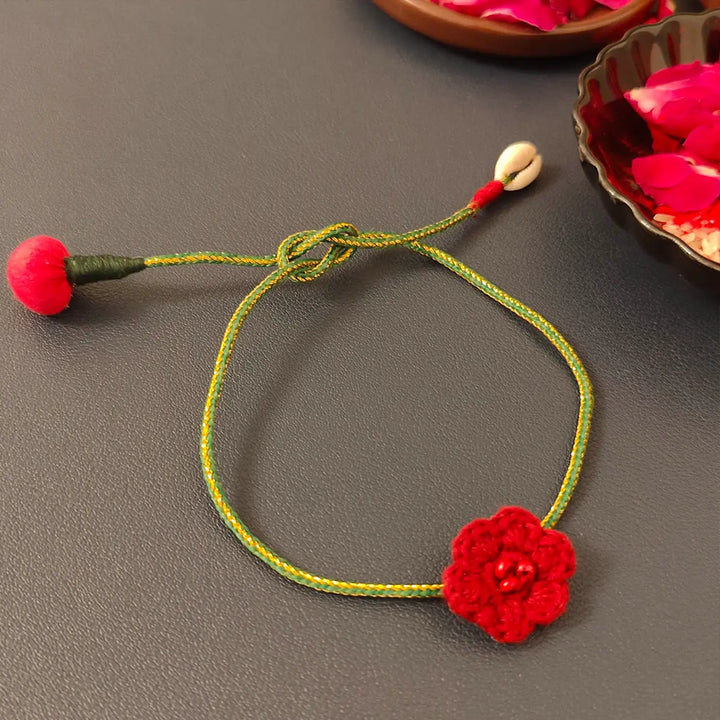 Handmade Crochet Flower Rakhi With Roli Chawal