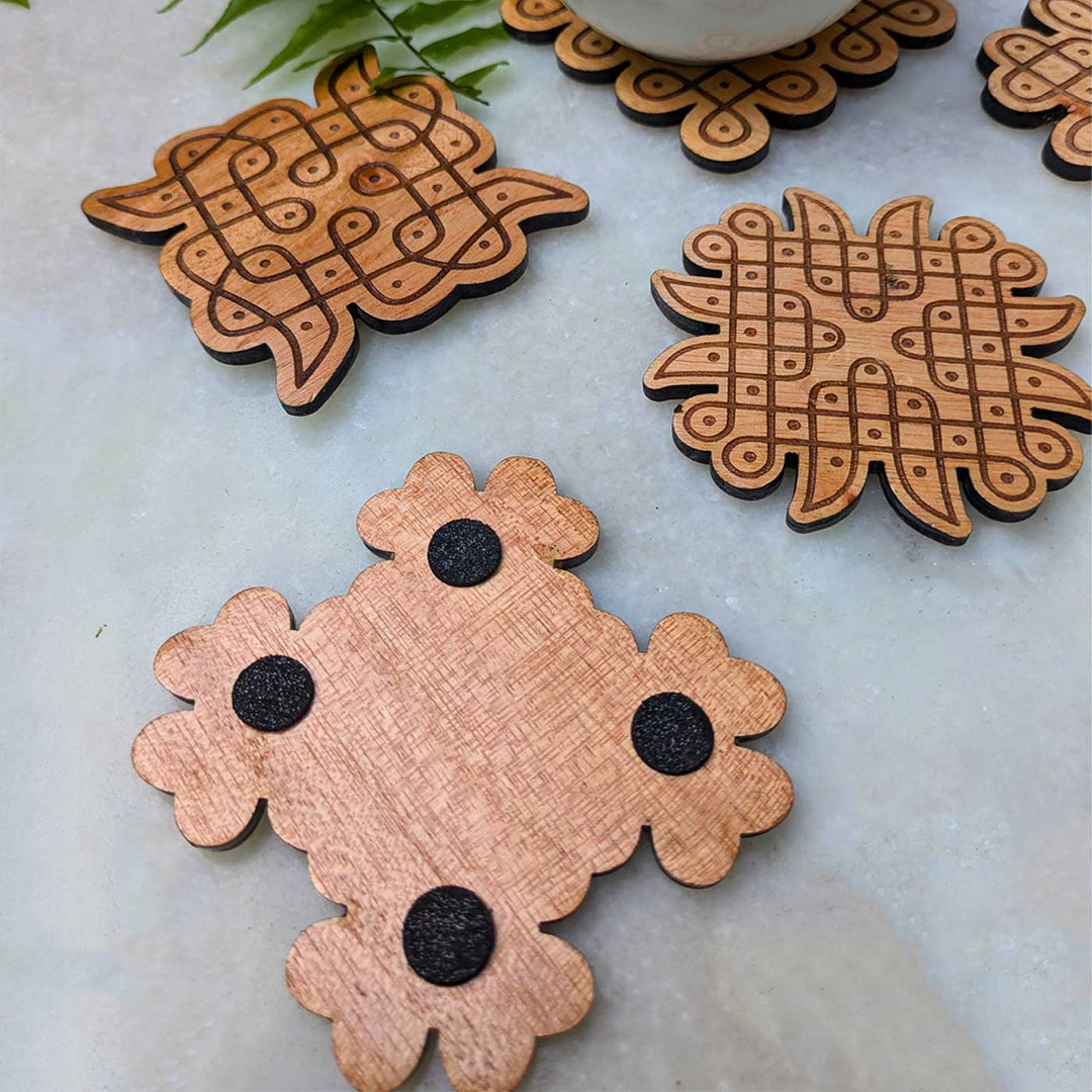 6 pc | Engraved Mahogany Wood Kolam Coasters For Coffee Table & Dining Decor
