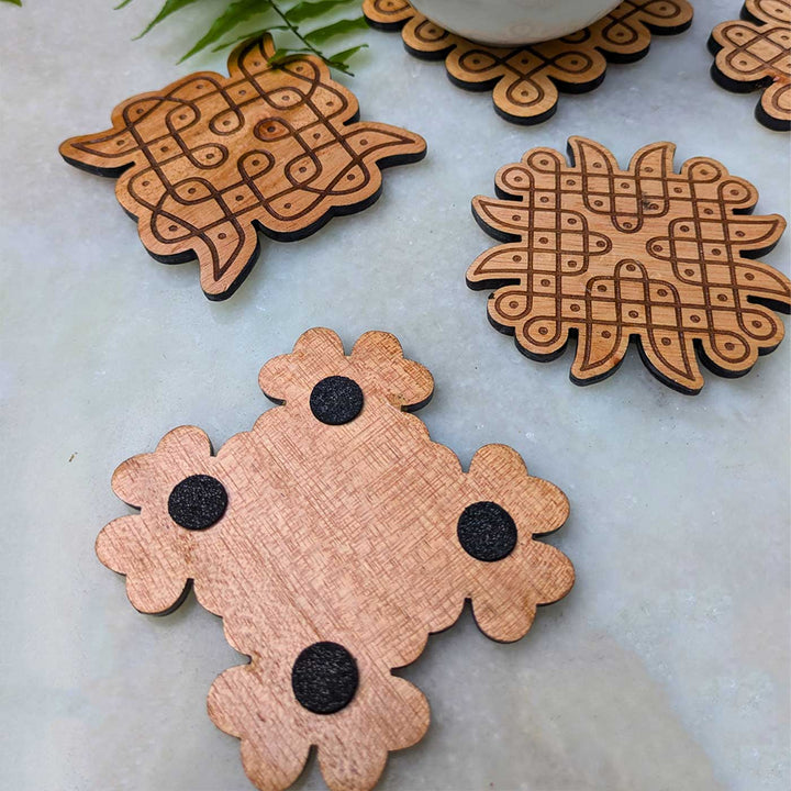 6 pc | Engraved Mahogany Wood Kolam Coasters For Coffee Table & Dining Decor