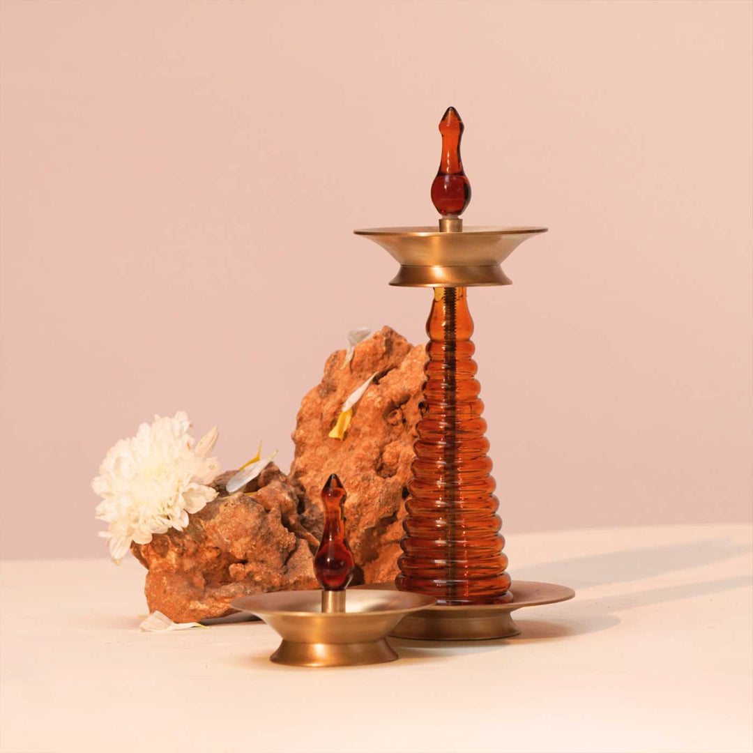 Handmade Borosilicate Nilavilakku Glass And Brass 5-Wick Oil Lamp For Pooja Decor | Tall