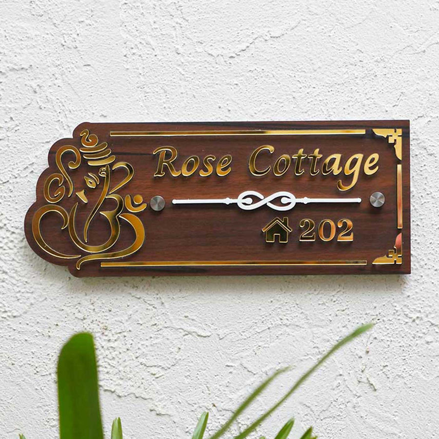 Personalized Weatherproof Brown And Gold Ganesh Themed Acrylic Name Plate - Mounted on Wall Front View