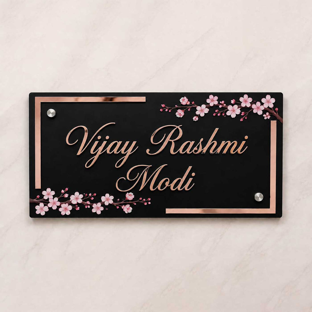 Cherry Blossom Elegance Personalized Black Rectangle Acrylic Name Plate For Home