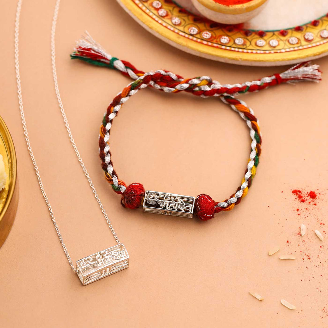 Handmade Har Har Mahadev Design Religious Silver Rakhi For Brother - Rakhi set with ritual plate