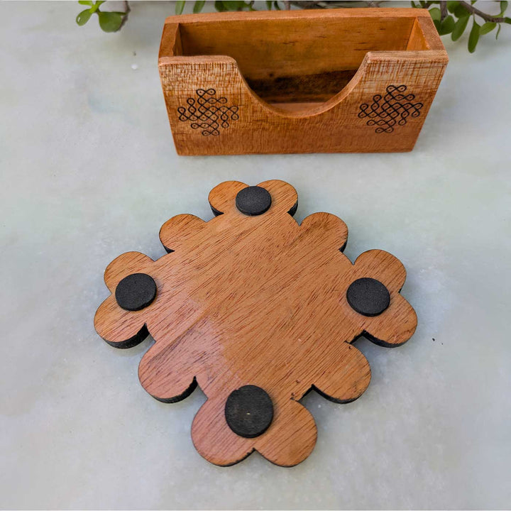 2 pc | Engraved Mahogany Wood Square Kolam Coasters With Holder For Coffee Table & Dining Decor