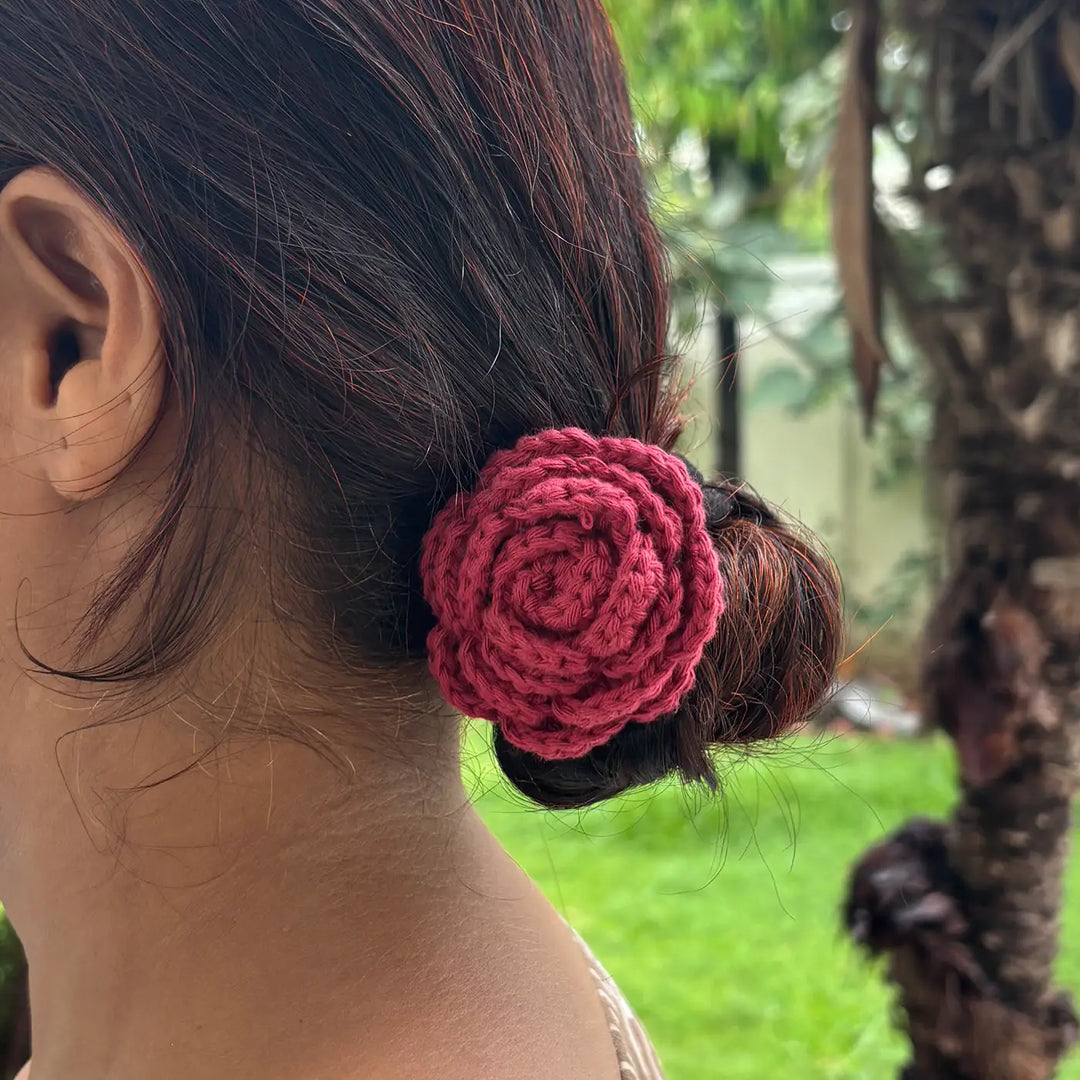 Handmade Crochet Rose Design Cotton Hair Tie