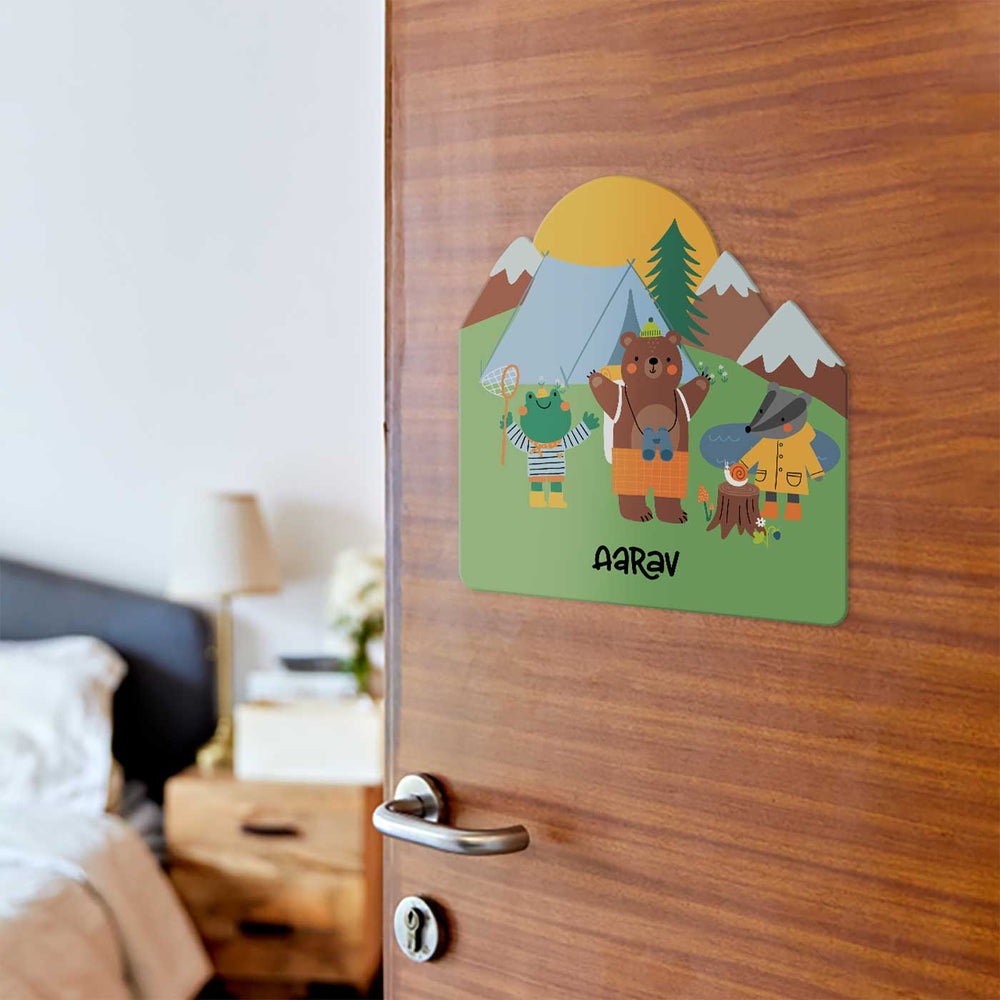 Personalized Into The Wild Theme Acrylic Kids Name Plate - Mounted on Door Front View