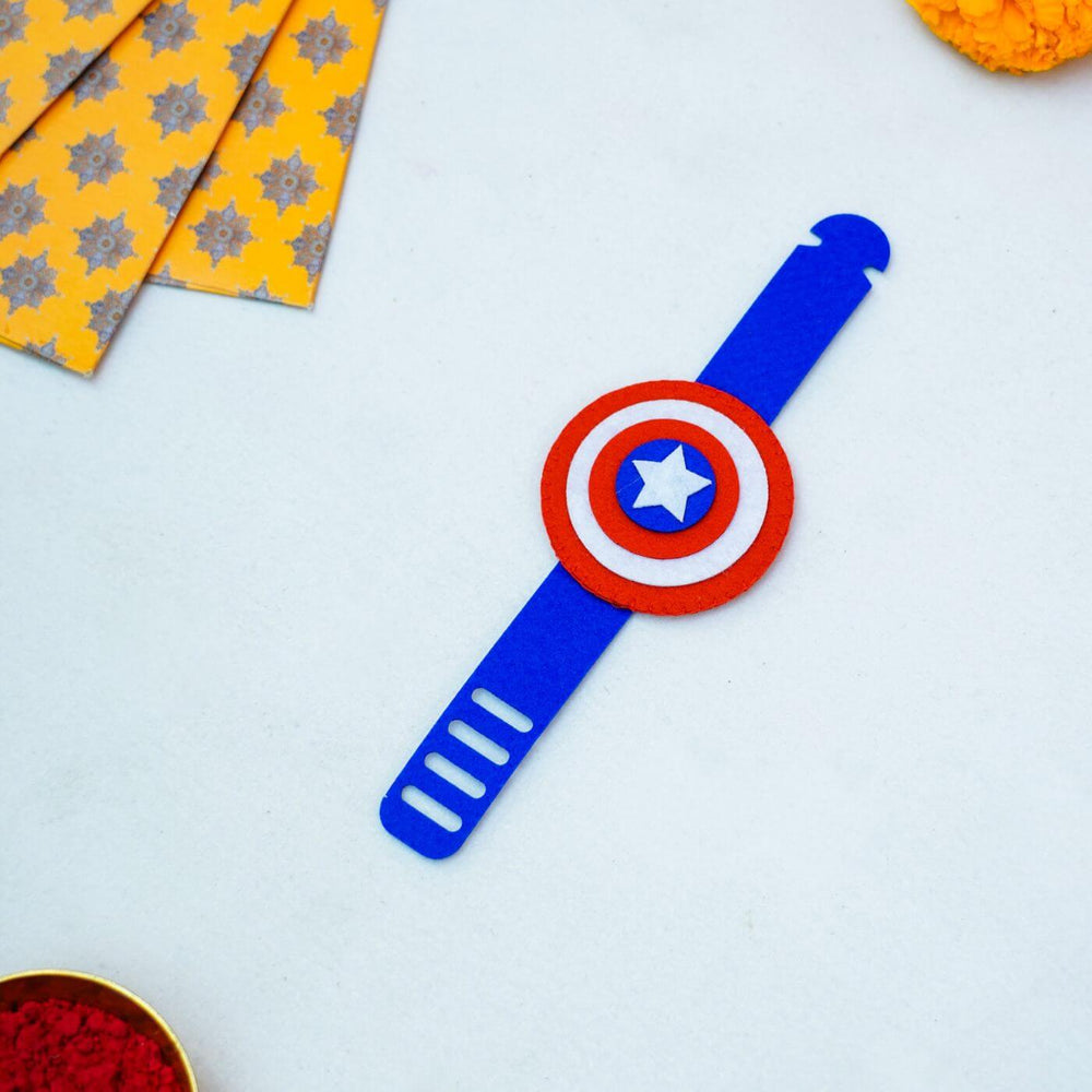 Kids Theme Felt Rakhi Band With Roli Chawal 3 - Full view on decorated surface