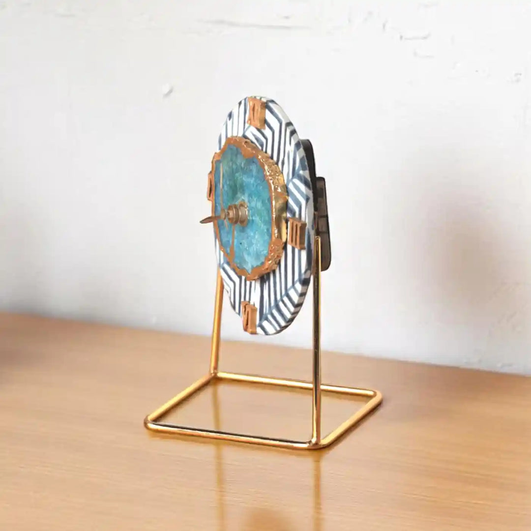 Blue Round Cotton Fabric Coated MDF Desk Clock With Agate Accent | 6 x 4 x 3.5 inch