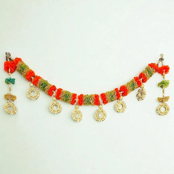 40 / 44 In | Handmade Orange & Green Tissue Flower Toran With Side Hangings
