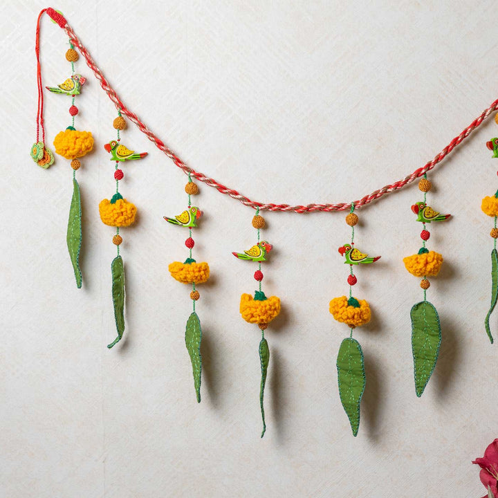 49 In | Intricate Realistic Crochet Ashok Patta Marigold And Parrot Cotton Toran