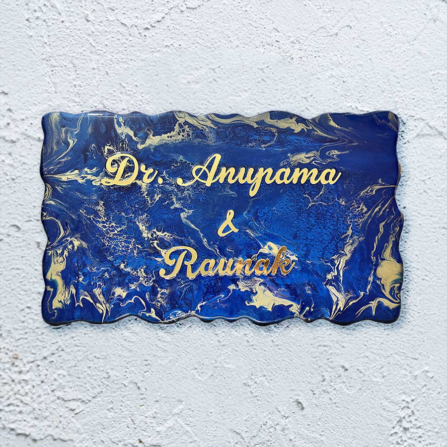 Personalized Navy Blue And Gold Design Resin Name Plate - Front View with Name Personalization