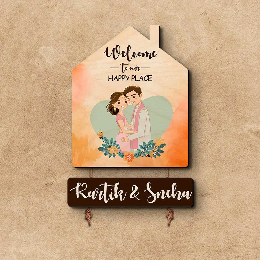 Personalized Hut Theme Couples Mdf Wood Name Plate - Front View Hanging Wall Sign