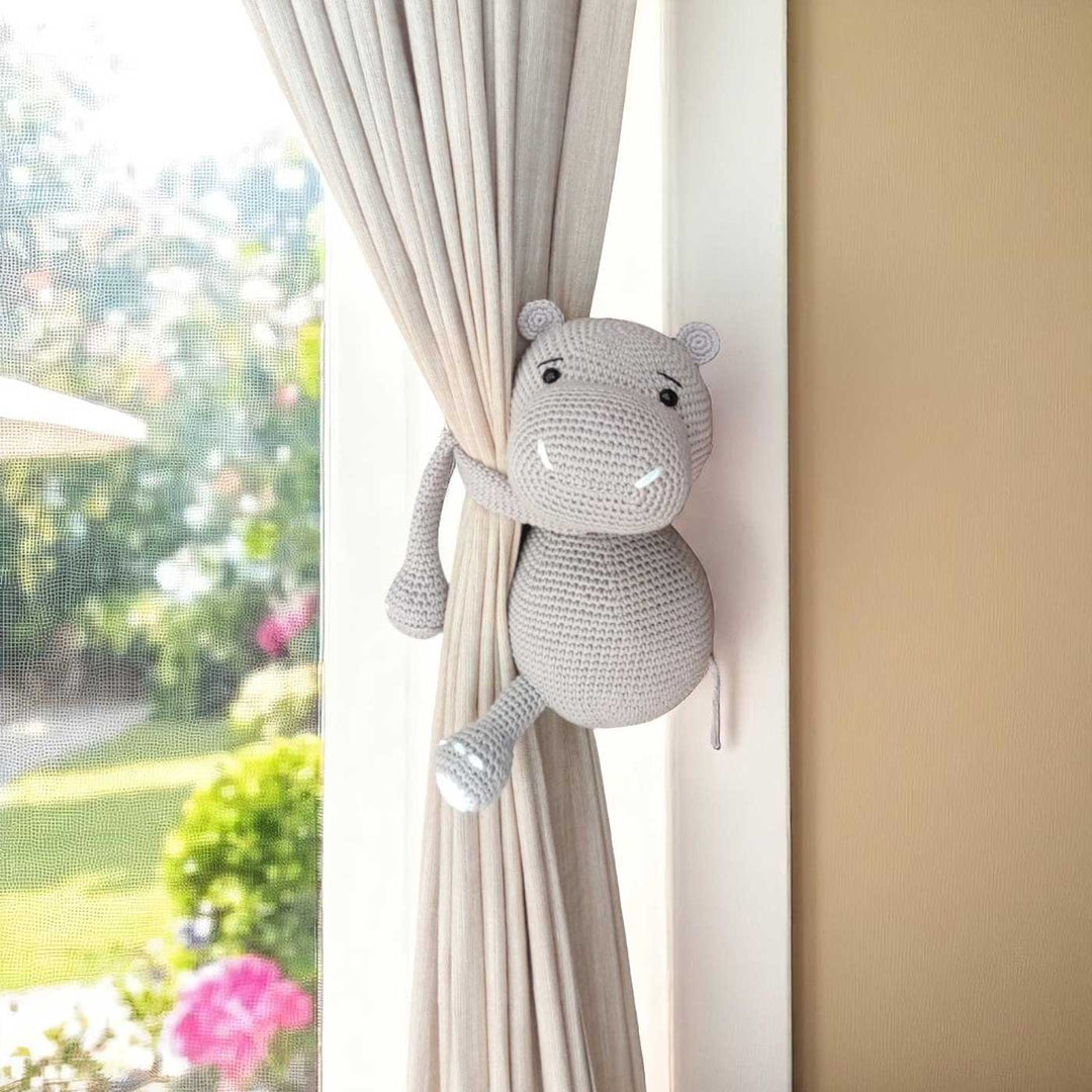 Handmade Crochet Hippo Curtain Tie for Newborns