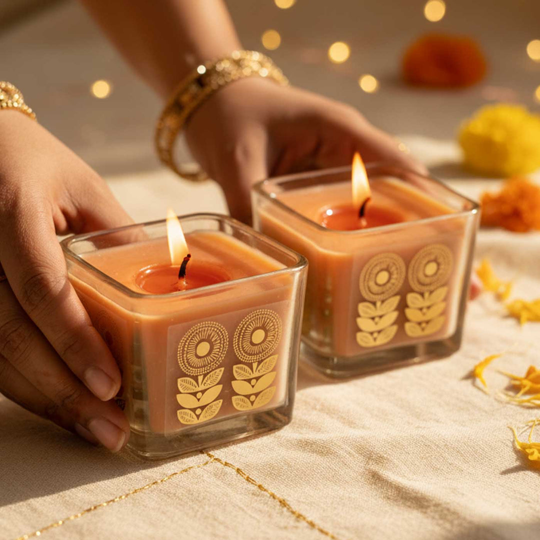 Set Of 2 | Handmade Ira Gold Foil Glass Jar Soy Wax Candle With Black Oudh Fragrance