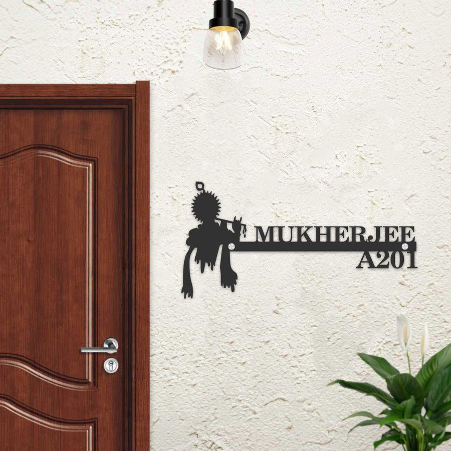 Personalized Lord Krishna With Flute Laser Cut Metal Name Plate - Mounted on Exterior Wall Near Door