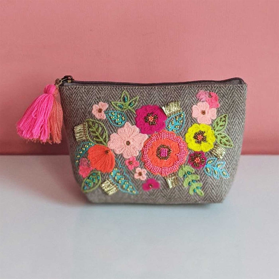 Handmade Embroidered Beige Color Jacquard Pouch