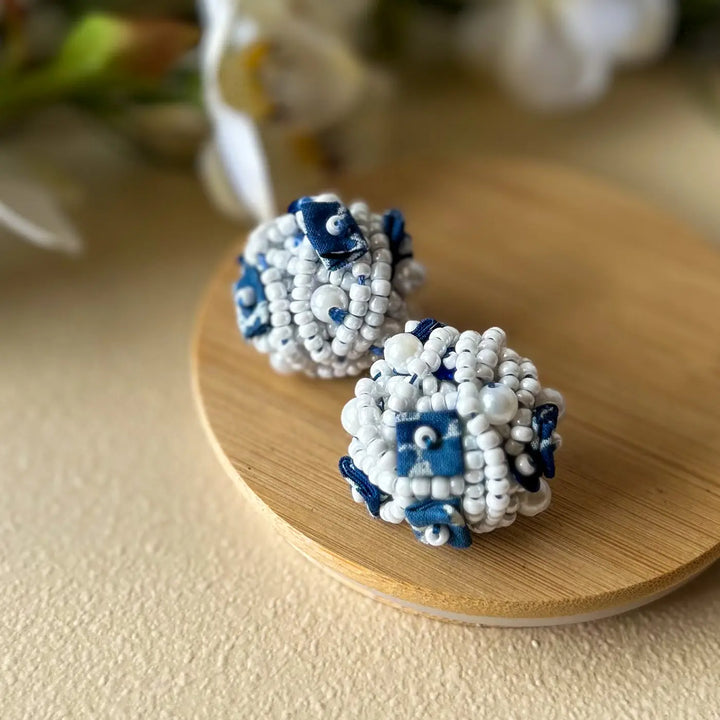 Hand Embroidered Beaded Blue & White Round Chinoiserie Ceramic Pearls Cotton Earrings