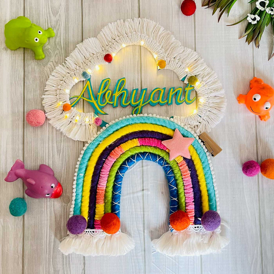 Personalized Handmade Rainbow Themed Woolen Kids Name Plate - Top View with Name Personalization
