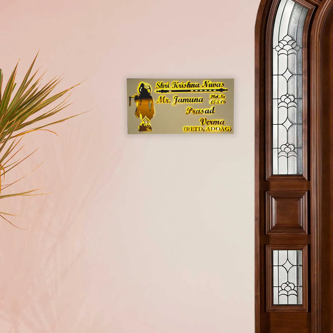 Personalized Krishna Theme Acrylic Name Plate With Lights