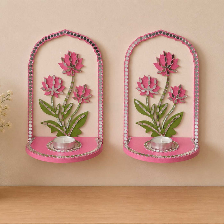 2 pc | Handcrafted Lotus Mirror Work MDF Tealight Holders For Festive Decor